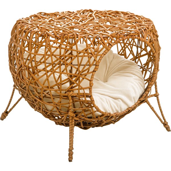 PawHut Niche Panier Rotin Coussin ÉPais Marron Clair Ø 40X32Cm Style Naturel Pour Chat Aosom France-image