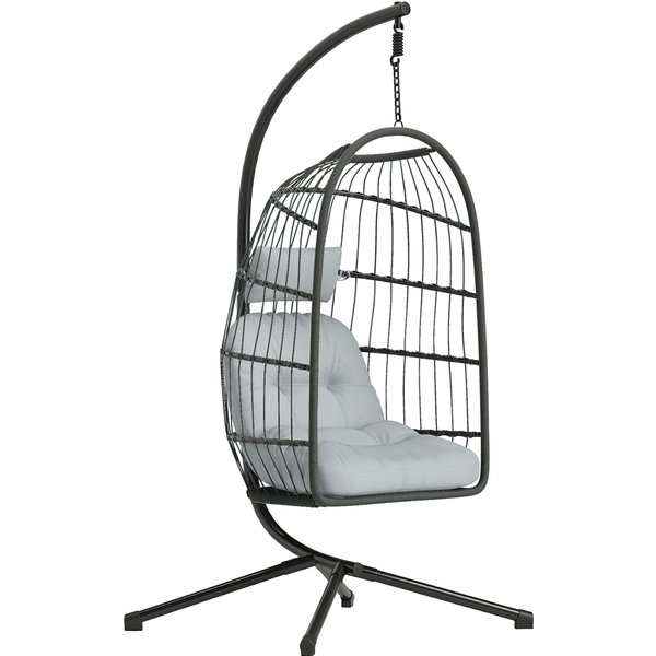 Outsunny Hanging Egg Chair, Indoor Outdoor Hammock Swing Chair with Stand, Safety Strap, Foldable Basket, Dark/Light Grey
