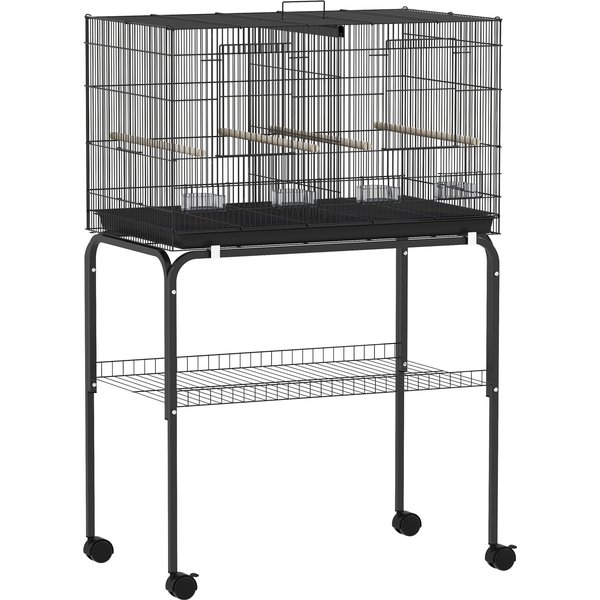 Pawhut Cage à Oiseaux VolièRe IntéRieur Acier Avec SéParateur, 4 Perchoirs, Plateau Coulissant, 4 Mangeoires, 76X46X116Cm, Noir-image