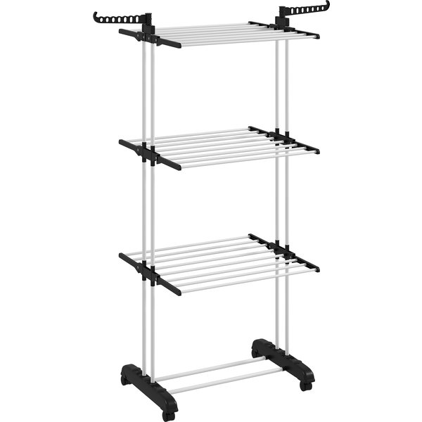 Homcom SéChoir éTendoir à Linge Sur Roulette Pliable Ailes LatéRales IntéRieure Et ExtéRieure 142 X 55 X 172 Cm Noir Argent-image