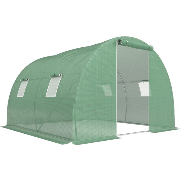 Outsunny Serre De Jardin Tunnel 9 M² 4 FenêTres, Porte ZippéE Enroulable ChâSsis Acier Galvanisé, BâChe Pe 3 X 3 X 2 M Vert-image