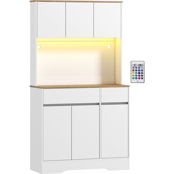 Homcom Buffet Cuisine Meuble Cuisine Rangement Haut Avec LumièRe LED Rgb, Plan De Travail, 6 Portes, 2 Tiroirs, Blanc-image