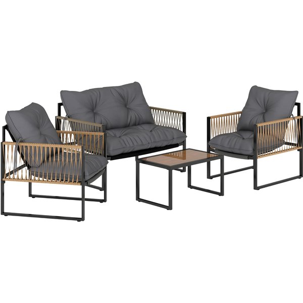 Outsunny Ensemble Salon De Jardin 4 PièCes Canapé 2 Places 2 Fauteuils Et 1 Table Basse Plateau Verre Trempé 3 Coussins - Gris-image
