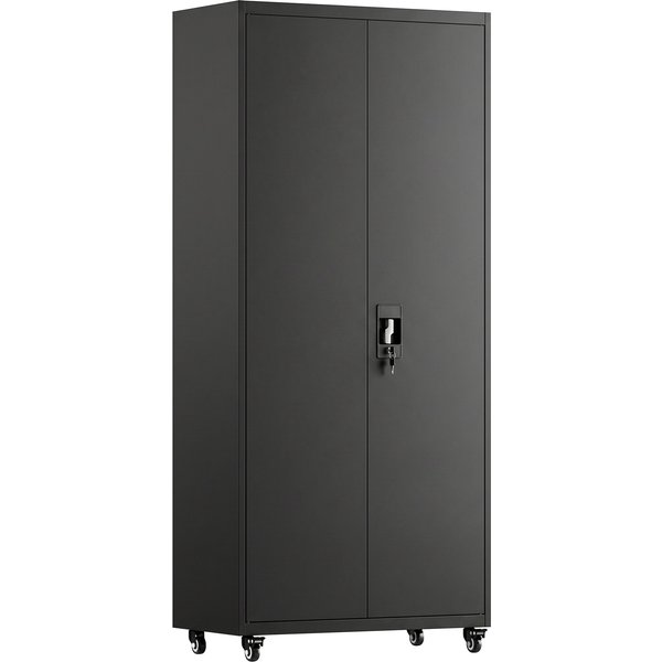 Homcom Armoire De Bureau MéTallique, 80 X 40 X 180 Cm, Meuble De Rangement Sur Roulettes En Acier Avec Serrure, Noir-image