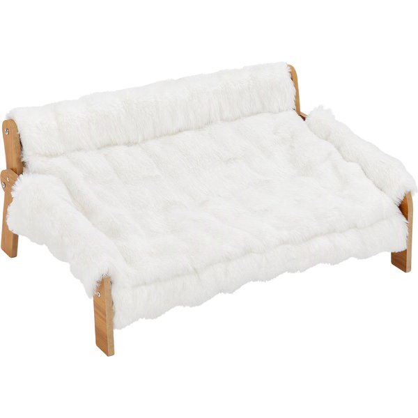 PawHut Canapé Pour Chien Chat Lit SuréLevé En Bois, Coussin Amovible En Peluche, Pieds AntidéRapants, 70 X 47 X 30 Cm, Blanc-image