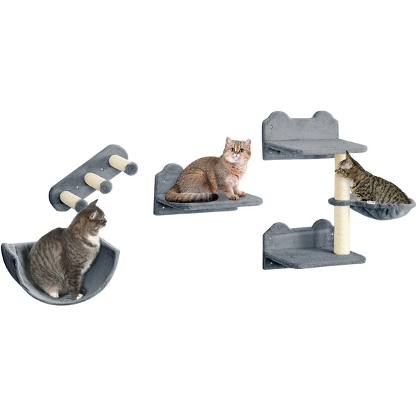 PawHut Parcours Mural Complet Pour Chats 4 PièCes Avec Griffoir, Hamac Et Plateformes En Sisal Et Peluche Grise Aosom France-image