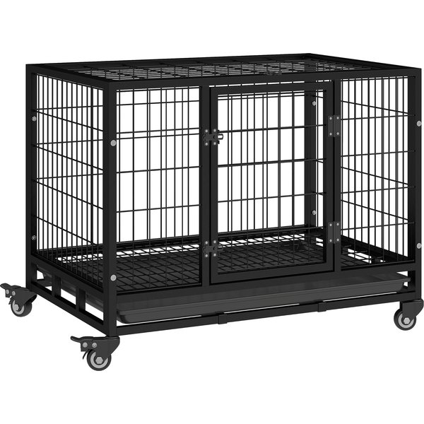 Pawhut Cage Pour Chien Animaux Cage De Transport Sur Roulettes 2 Portes Verrouillables Plateau Amovible 92 X 62 X 75 Cm Noir-image
