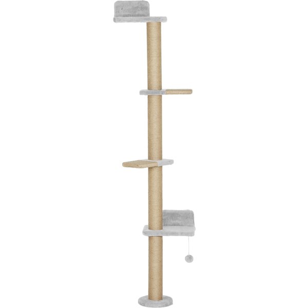 Pawhut ÉTagèRes Murales Pour Chat 180 Cm, 4 Plateformes D'escalade, Poteau à Griffer En Jute Et Jouet Suspendu, Gris Clair-image