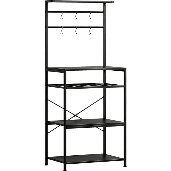 HOMCOM Freestanding Shelving Unit, Industrial Storage Shelf with 6 Hooks and Wine Rack for Living Room, Home Office, Black