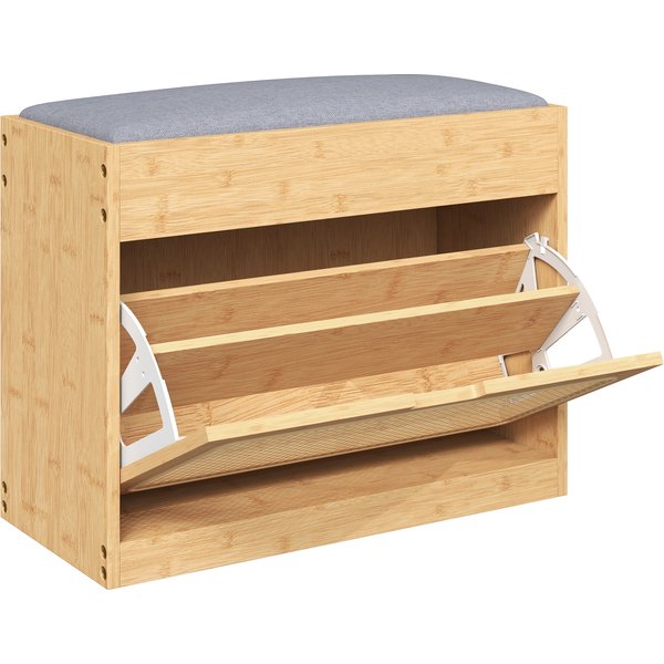 Homcom Banc Chaussures EntréE, Banc De Rangement En Bambou, Assise RembourréE, Porte En Rotin Et éTagèRe RéGlable, Bois Naturel-image