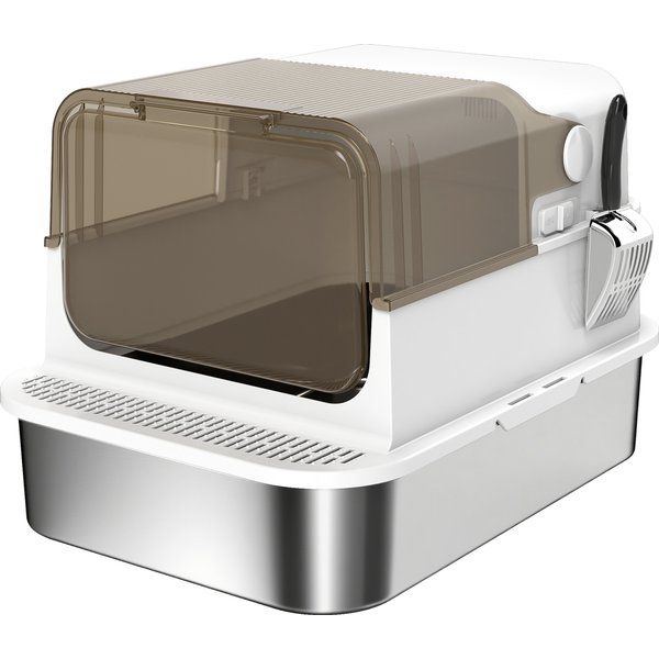 Pawhut Bac à LitièRe Pour Chat Fermé En Acier Inoxydable, Maison De Toilette Pour Chat Avec Pelle, 70 X 50 X 46,5 Cm, Blanc-image