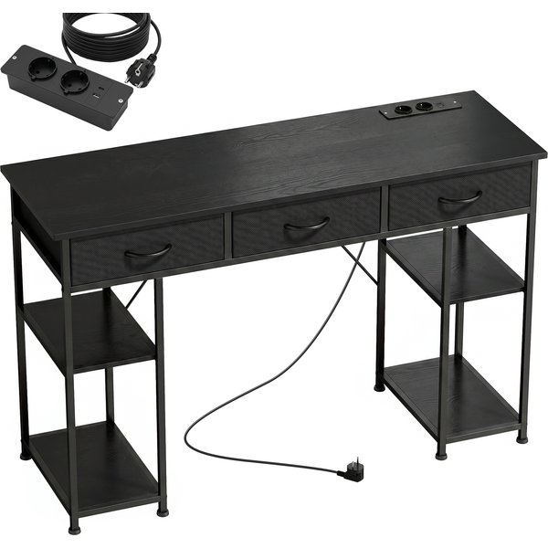 Homcom Bureau Avec Rangement Avec Prises De Courant, 3 Tiroirs En Tissu Et 4 éTagèRes De Rangement, 120 X 40 X 76 Cm, Noir-image