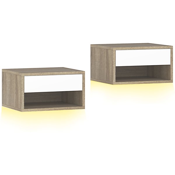 Homcom Lot De 2 Tables De Chevet Suspendues Avec éClairage Led Rgb ContrôLe Par Application, éTagèRe, Tiroir, 37X32X21Cm, Teck-image