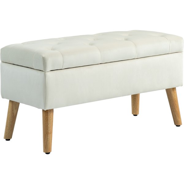 Homcom Banc De Rangement Coffre De Rangement Tissu Effet Velours Pieds En Bois Charge Max. 120 Kg 80 X 35 X 40 Cm, CrèMe-image