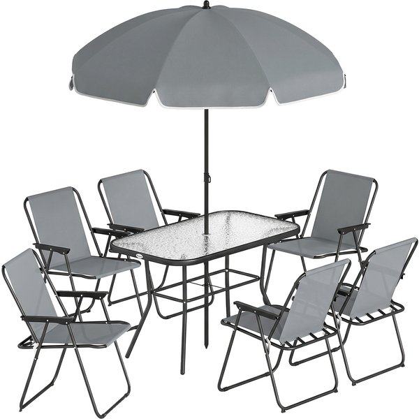 Outsunny Salon De Jardin ExtéRieur 8 PièCes, Table De Jardin ExtéRieure 6 Chaises Pliantes Parasol Plateau En Verre Trempé, Gris-image