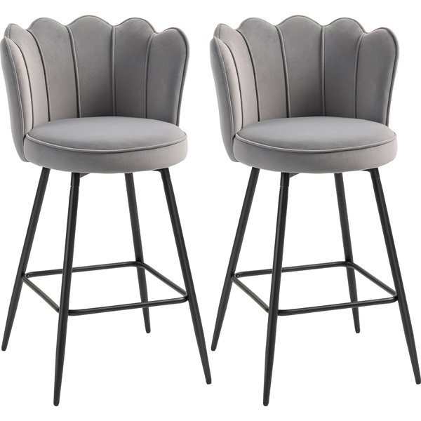 HOMCOM Set of Two Velvet-Feel Lotus Bar Stools - Grey