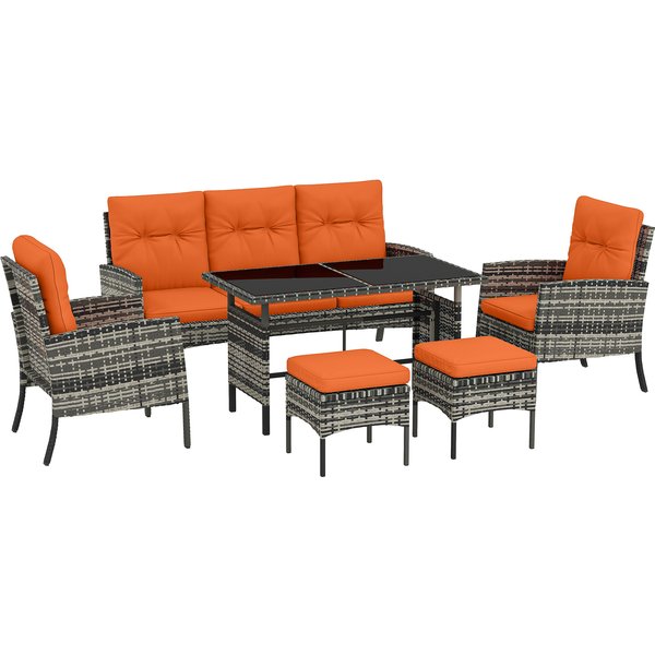 Outsunny 6 Pieces Rattan Garden Furniture Set with Dining Table and Cushions, Orange