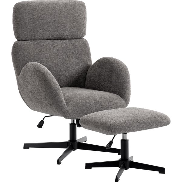 HOMCOM Swivel Armchair and Footstool Set, Height Adjustable Accent Chair with Adjustable Headrest, Rocking Function, Grey