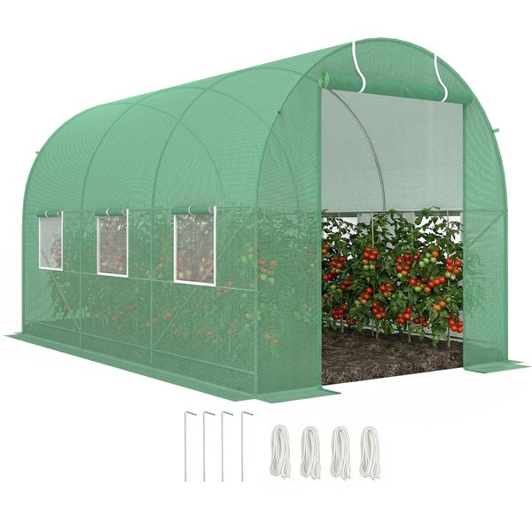 Outsunny 3.5 x 2 x 2m Walk-in Greenhouse with Steel Frame, PE Cover, Roll Up Door & 6 Vnets for Outdoor Plant Growth, Green Aosom UK