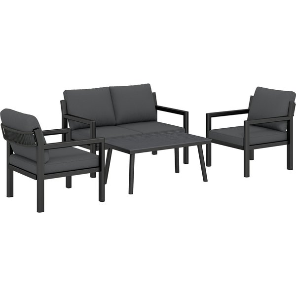 Outsunny 4 Seater Rattan Garden Furniture Set with 2 Armchairs, Loveseat, Coffee Table, Garden Sofa Set with Cushions, Dark Grey