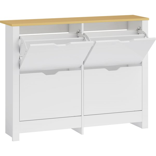 Homcom Meuble à Chaussures 16 Paires, Armoire à Chaussures éTroite Avec 4 Tiroirs Rabattables Et éTagèRes RéGlables, Style Moderne, Pour Couloir, EntréE, 105 X 26 X 80 Cm, Blanc Et ChêNe-image