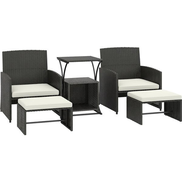 Outsunny 6 Piece Rattan Garden Furniture, Space-Saving Patio Furniture Set with Nesting Tables, Chairs, Stools, Cushions, Black