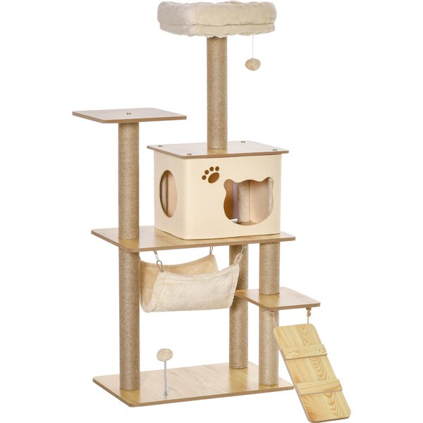 Pawhut Arbre à Chat Tour De Jeux Pour Chat, Platesformes, Niche, Lit, Hamac, éChelle Et Griffoirs En Jute 60X40X130Cm Jaune-image