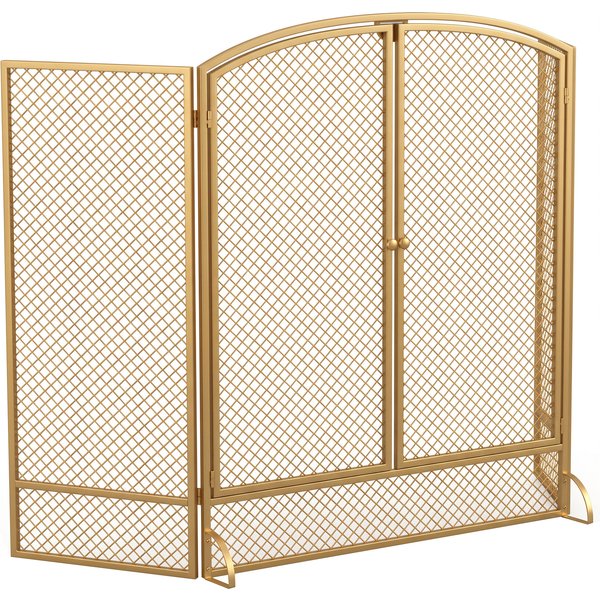 HOMCOM Kaminschutzgitter, 3-teiliger Funkenschutz mit Doppeltüren Faltbarer Kaminschutz aus Metall Funkenschutzgitter für Wohnzimmer, Schlafzimmer, 122 x 75 cm, Gold Aosom