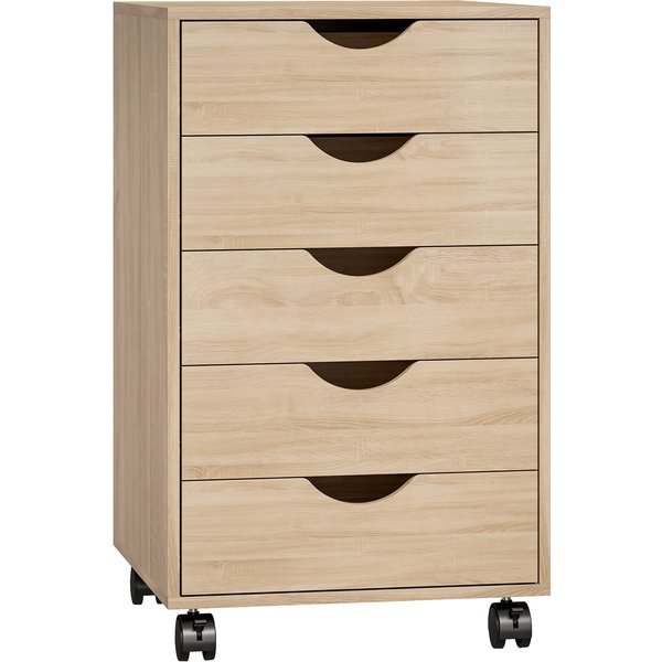 Homcom Caisson Bureau Mobile, Meuble Rangement Sur Roulettes Avec 5 Tiroirs, Bois, 40 X 40 X 67 Cm, ChêNe-image