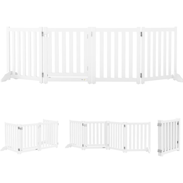PawHut BarrièRe De SéCurité Chien Pliable Double Face En Bois, 4 Panneaux Avec Porte, Pieds De Support, 205 X 60 Cm, Blanc-image