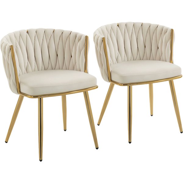 HOMCOM Velvet-Feel Dining Chairs Set of 2, Modern Upholstered Kitchen Chairs with Woven Backrest and Armrests, Metal Legs and Padded Seat for Dining Room, Bedroom, Living Room, Cream