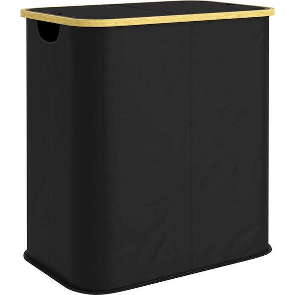 Homcom Panier à Linge Double Pliable 80 L Corbeille à Linge Sale Avec Couvercle, PoignéEs RainuréEs, Noir-image