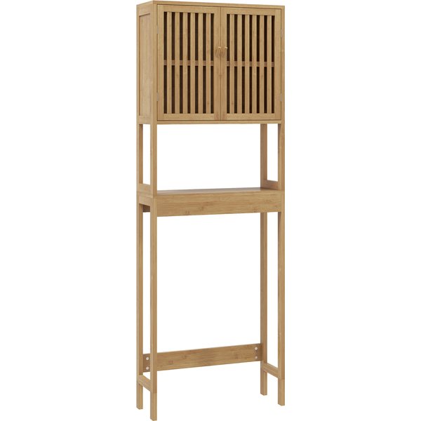 Homcom ÉTagèRe De Toilettes Meuble De Salle De Bain Dessus Toilette WC Avec Placard 2 Portes Et éTagèRe Ouverte Bambou-image