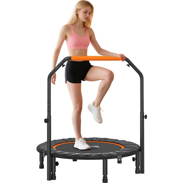 HOMCOM 40'' Foldable Mini Trampoline, Fitness Trampoline, Rebounder for Adults with Adjustable Foam Handle for Indoor Outdoor Cardio Training
