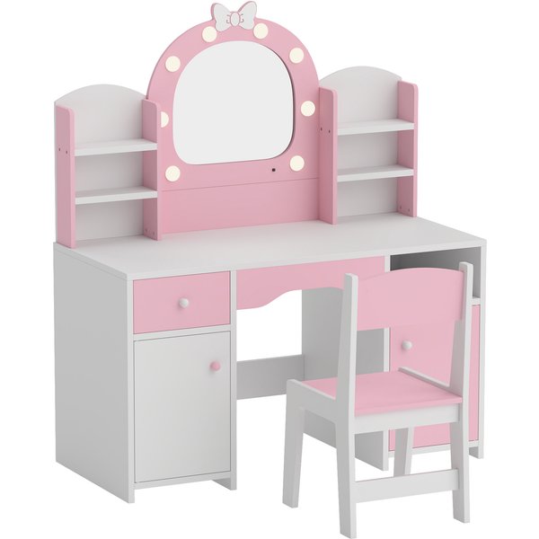AIYAPLAY Kids Vanity Set, Girls Dressing Table with Stool, 2-Colour Lights Mirror, Cabinet, Drawer and Shelves, Pink