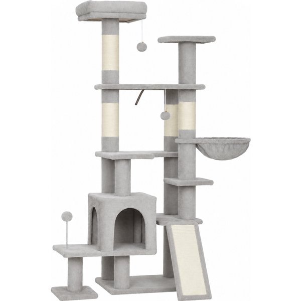 PawHut Arbre à Chat 5 Niveaux 152Cm, Niche, Hamac, Plateforme, Poteaux à Griffer, Balles Suspendues, Gris Clair-image
