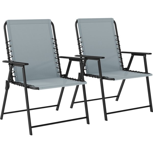 Outsunny Folding Garden Chairs Set of 2, Outdoor Dining Chairs with Wide Texteline Seat, High Back and Armrests, Light Grey