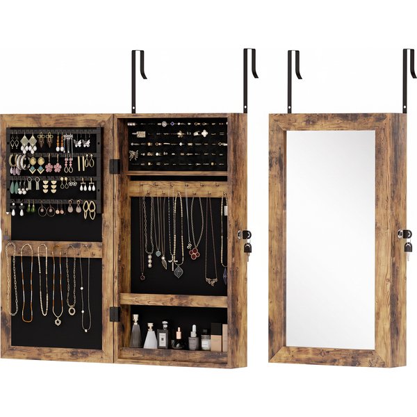 HOMCOM Wand-Schmuckschrank mit Spiegel, Schmuckschrank mit Schloss und mehreren Fächern, zur Montage an Wand oder Tür, für Ohrringe, Halskette, Ring, Armband, Geschenk, Rustikales Braun mit schwarzer Auskleidung Aosom