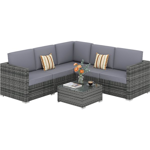 Outsunny 5-Seater Garden Furniture Sets Rattan Wicker Patio Conservatory Dining Set Indoor Outdoor with Corner Sofa Loveseat Coffee Table Cushions