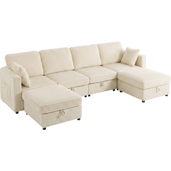 Homcom Canapé 4 Places Avec 2 Poufs De Rangement, Canapé D'angle Modulable En U 306 Cm En Velours CôTelé, 4 Coussins, CrèMe-image