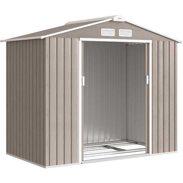 Outsunny Abri De Jardin 2,77M² 213 X 130 X 185 Cm Fondation Incluse Porte Coulissante Ventilations Acier Galvanisé Marron Clair-image