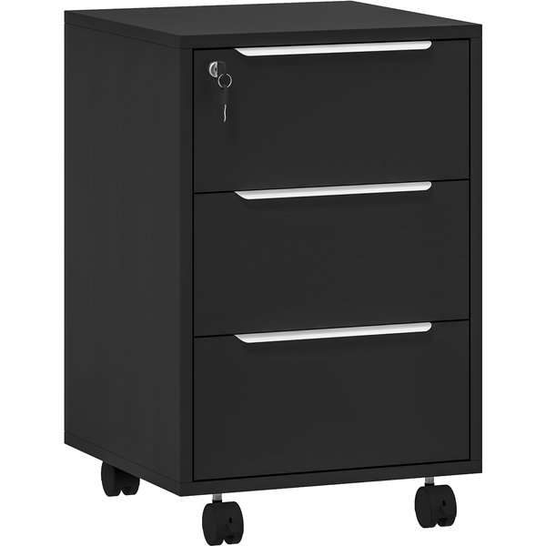 Homcom Caisson De Bureau à Roulettes Avec 3 Tiroirs Et Serrure, Meuble Rangement Bureau Sur Roulettes, 40 X 40 X 63,5 Cm, Noir-image