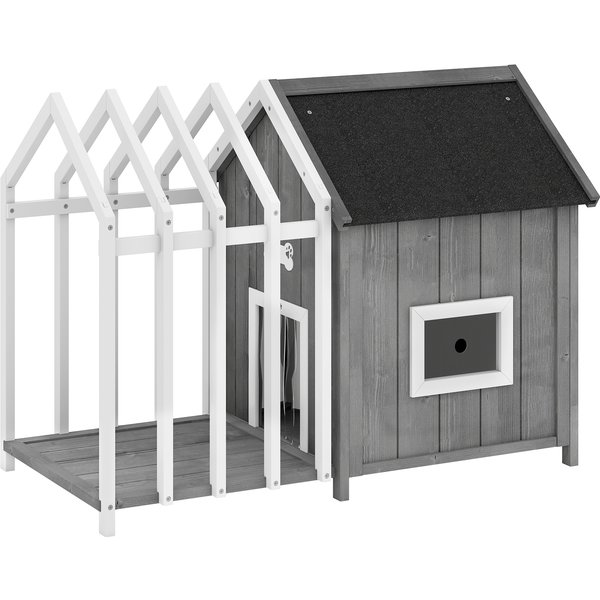 Pawhut Niche Pour Chien ExtéRieur En Bois Maison Chien ExtéRieur Avec Terrasse, Porte à Lamelles, 106 X 62,5 X 80,5 Cm, Gris-image