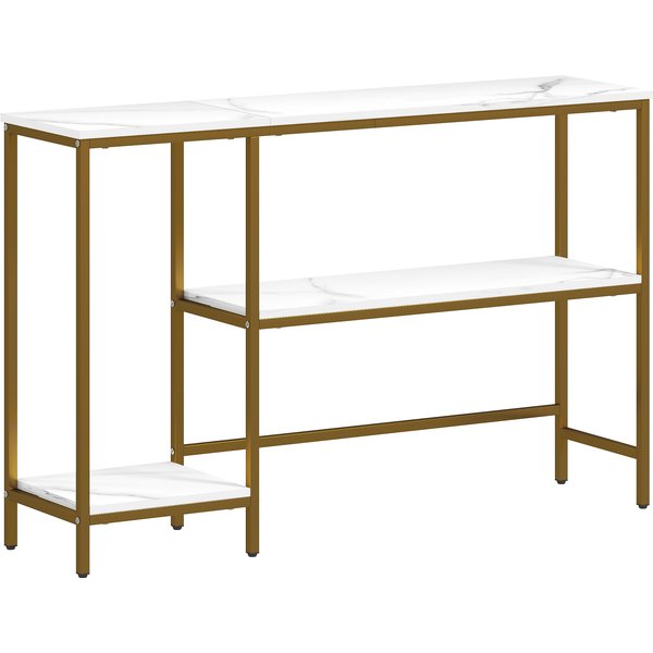 Homcom Console Meuble 120 Cm, Table Console 3 Niveaux Avec éTagèRes De Rangement, Plateaux Imitation Marbre, Blanc Et Doré-image
