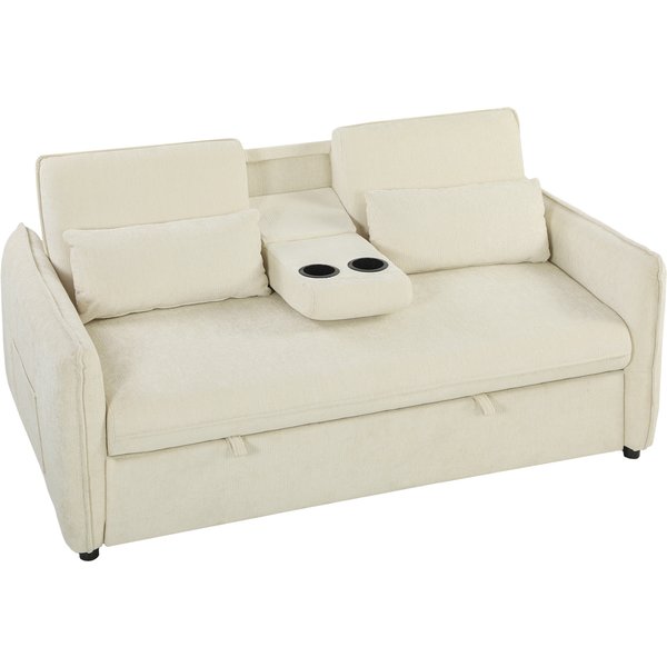 Homcom Canapé Convertible 2 Places 3 En 1, Canapé-Lit Clic Clac En Chenille Avec Dossier RéGlable, Porte-Gobelets, Beige-image