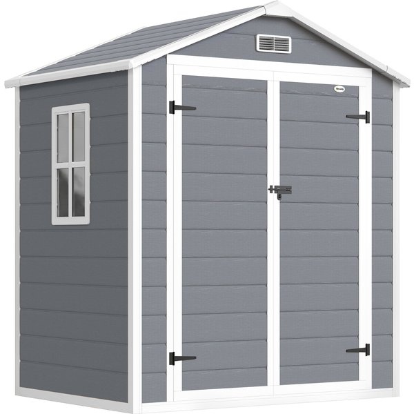 Outsunny Abri De Jardin Cabanon En RéSine PolypropylèNe 2,12 M² - 2 Portes 1 FenêTre Et 1 Grille D'aéRation, Toit En Pente, Gris-image