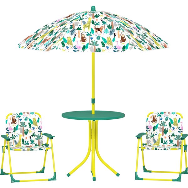 Aiyaplay Ensemble Salon De Jardin ExtéRieur Enfant Avec 2 Chaises Pliantes Et Parasol, ThèMe Jungle, Pour Jardin, Terrasse, Vert-image