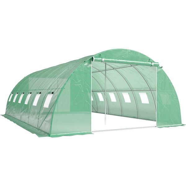 Outsunny Serre Tunnel Avec 2 Barres De Support, 2 Portes Roulantes Et 12 FenêTres En Maille, Serre De Jardin Avec Couverture En Pe, Vert-image
