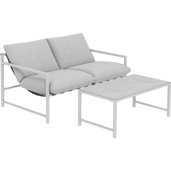 Outsunny Salon De Jardin ExtéRieur 2 PièCes, Canapé Avec Coussins, Table Basse En Verre Trempé Marbré 3D, 125X80X64Cm, Gris Clair-image