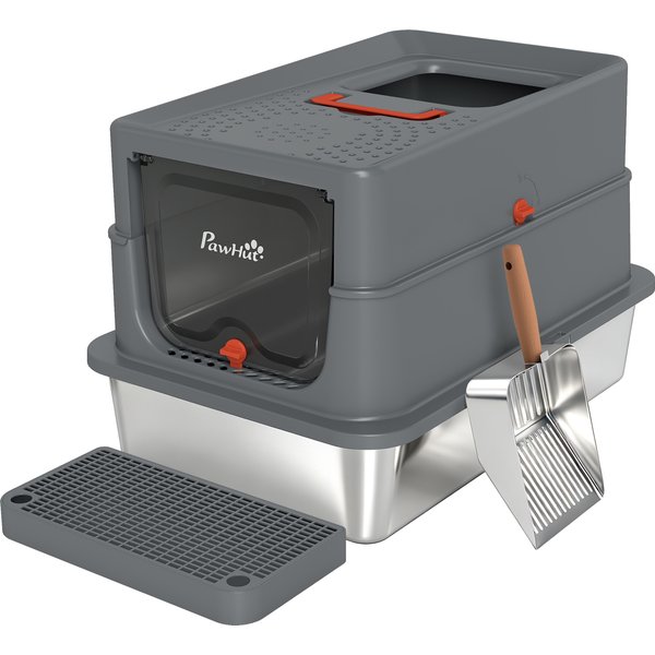 PawHut Stainless Steel Cat Litter Tray with Lid, XL 90L Enclosed Cat Litter Box with Step, Scoop, High Side, Dark Grey